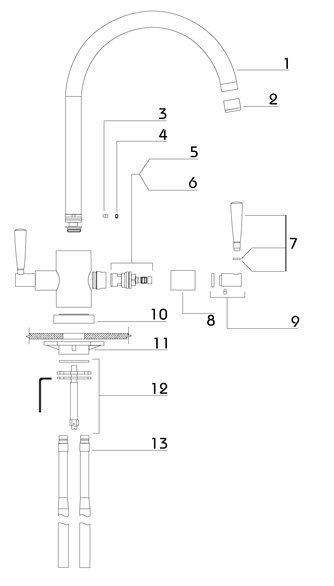 Franke Olympus G blueprint of tap , showing handle in separate parts